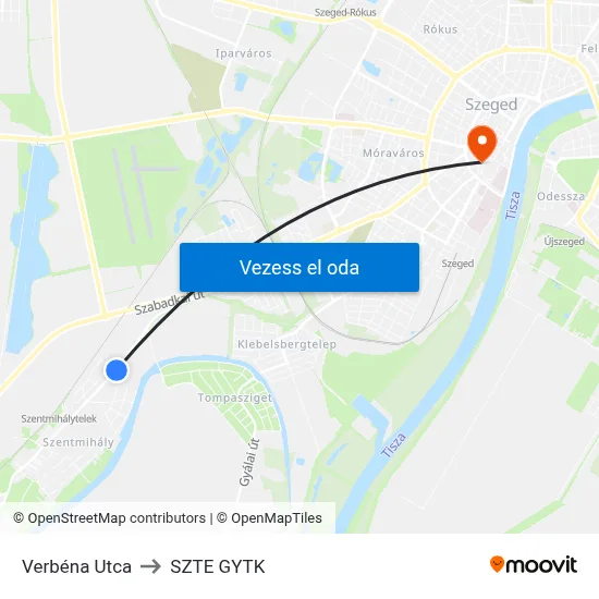 Verbéna Utca to SZTE GYTK map