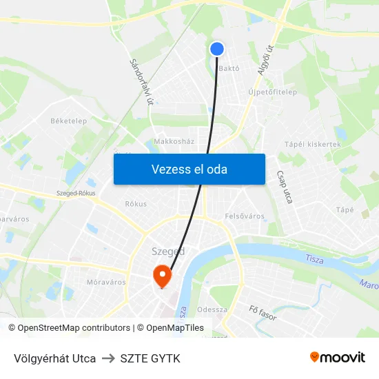 Völgyérhát Utca to SZTE GYTK map