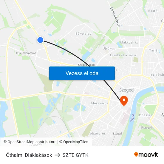 Öthalmi Diáklakások to SZTE GYTK map