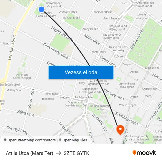 Attila Utca (Mars Tér) to SZTE GYTK map