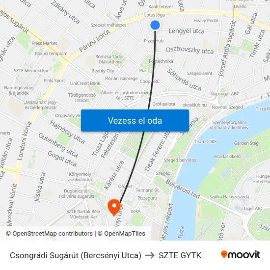 Csongrádi Sugárút (Bercsényi Utca) to SZTE GYTK map