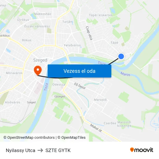 Nyilassy Utca to SZTE GYTK map