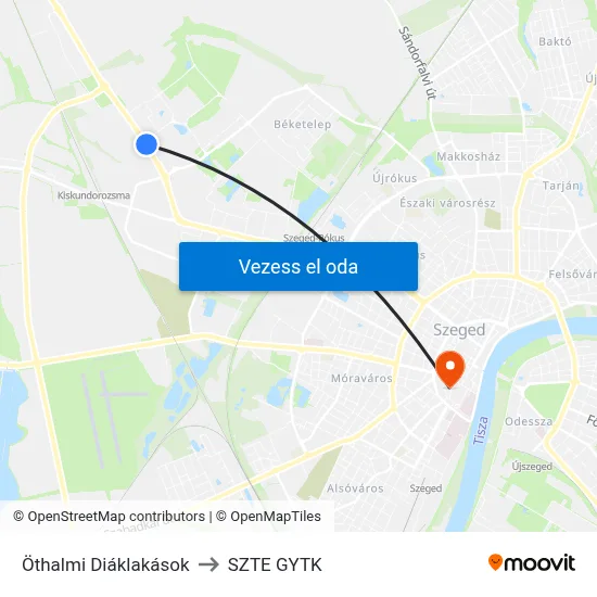 Öthalmi Diáklakások to SZTE GYTK map