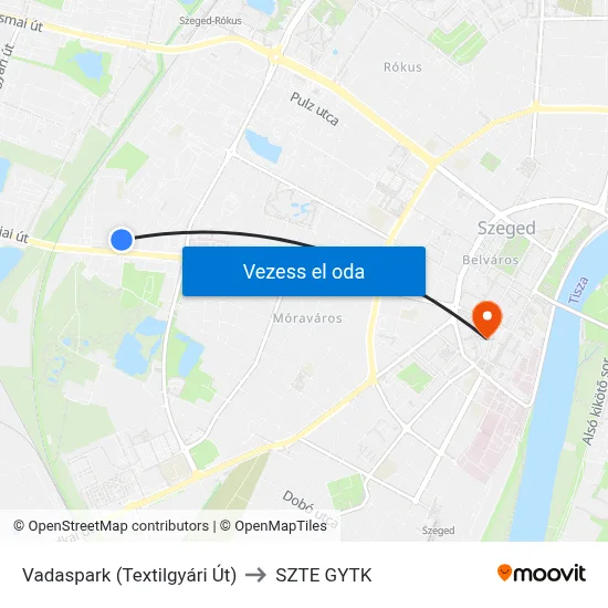 Vadaspark (Textilgyári Út) to SZTE GYTK map