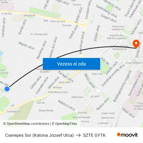 Cserepes Sor (Katona József Utca) to SZTE GYTK map