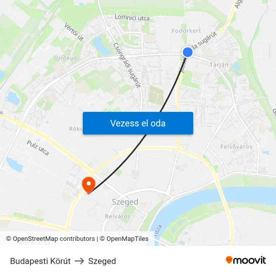 Budapesti Körút to Szeged map