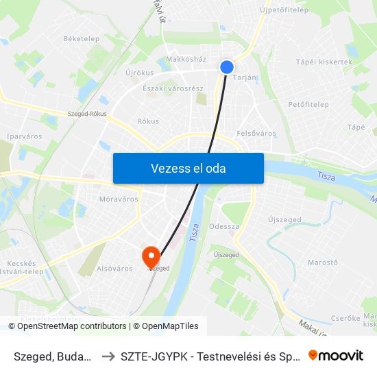 Szeged, Budapesti Körút to SZTE-JGYPK - Testnevelési és Sporttudományi Intézet map