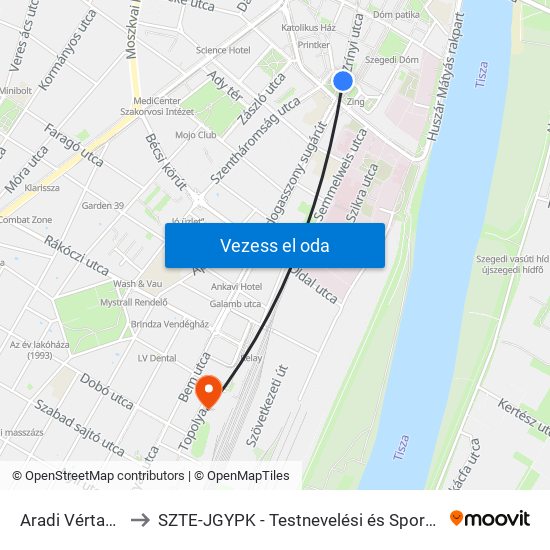 Aradi Vértanúk Tere to SZTE-JGYPK - Testnevelési és Sporttudományi Intézet map