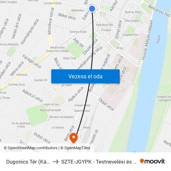 Dugonics Tér (Kálvária Sugárút) to SZTE-JGYPK - Testnevelési és Sporttudományi Intézet map