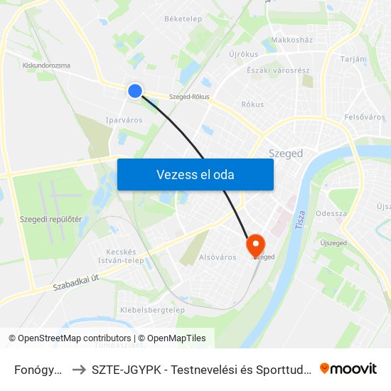 Fonógyári Út to SZTE-JGYPK - Testnevelési és Sporttudományi Intézet map