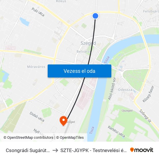 Csongrádi Sugárút (Bercsényi Utca) to SZTE-JGYPK - Testnevelési és Sporttudományi Intézet map