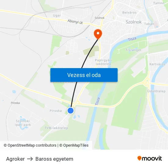 Agroker to Baross egyetem map