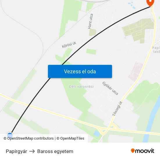 Papírgyár to Baross egyetem map