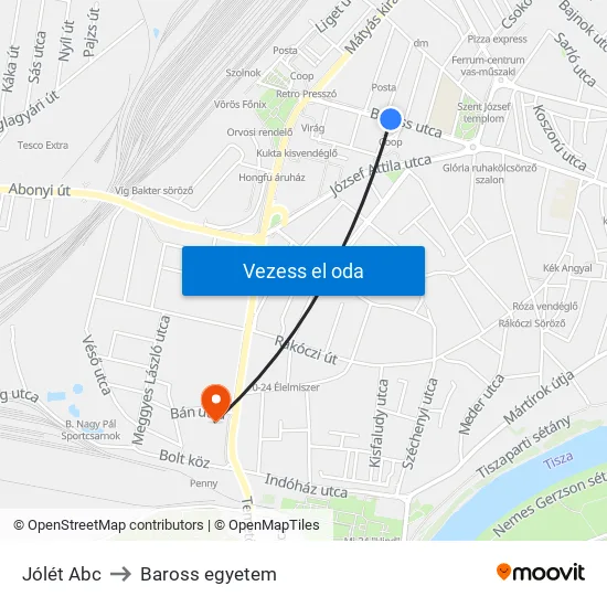 Jólét Abc to Baross egyetem map