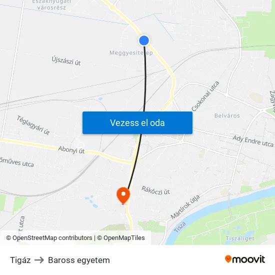 Tigáz to Baross egyetem map