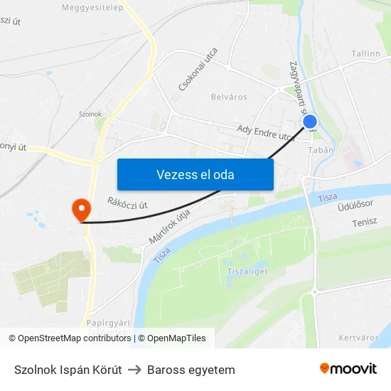 Szolnok Ispán Körút to Baross egyetem map