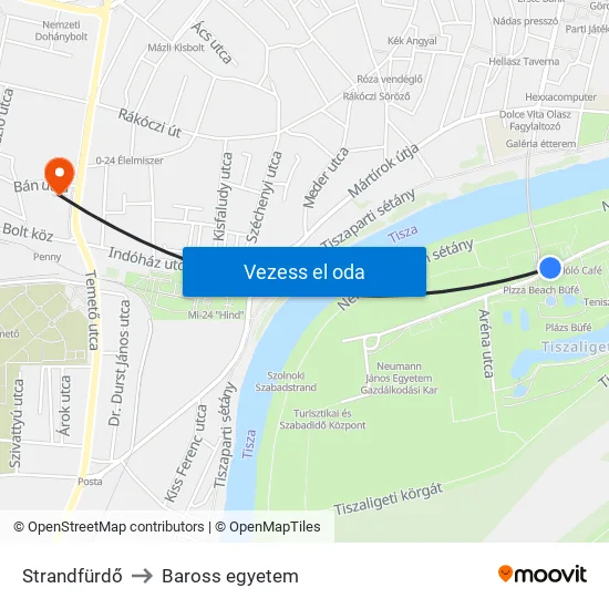 Strandfürdő to Baross egyetem map