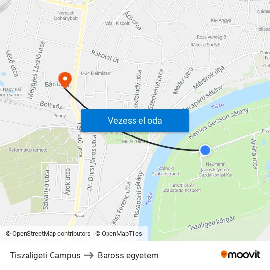 Tiszaligeti Campus to Baross egyetem map