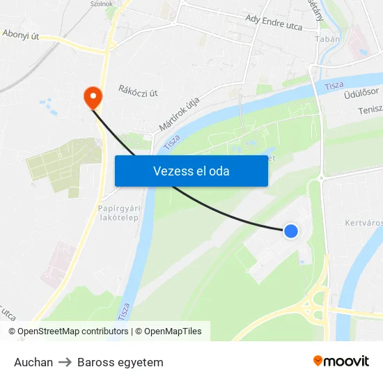 Auchan to Baross egyetem map