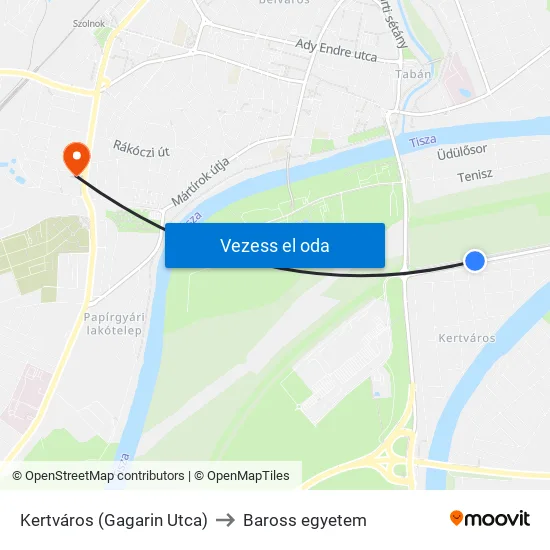 Kertváros (Gagarin Utca) to Baross egyetem map