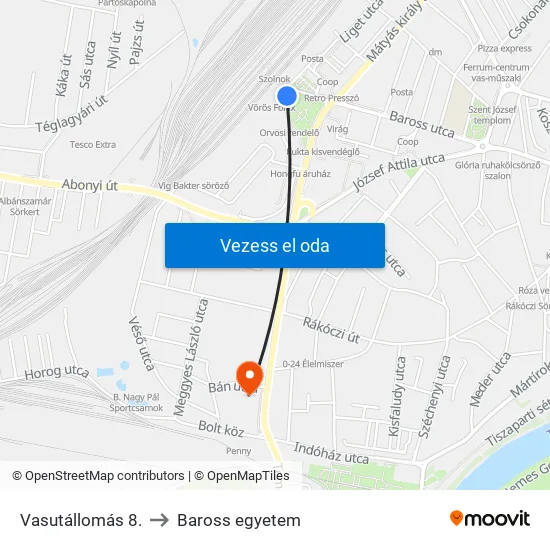 Vasutállomás 8. to Baross egyetem map