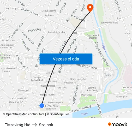 Tiszavirág Híd to Szolnok map