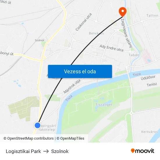 Logisztikai Park to Szolnok map