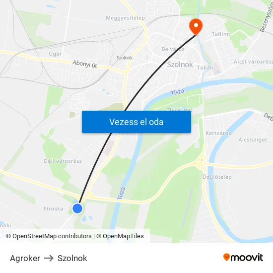 Agroker to Szolnok map