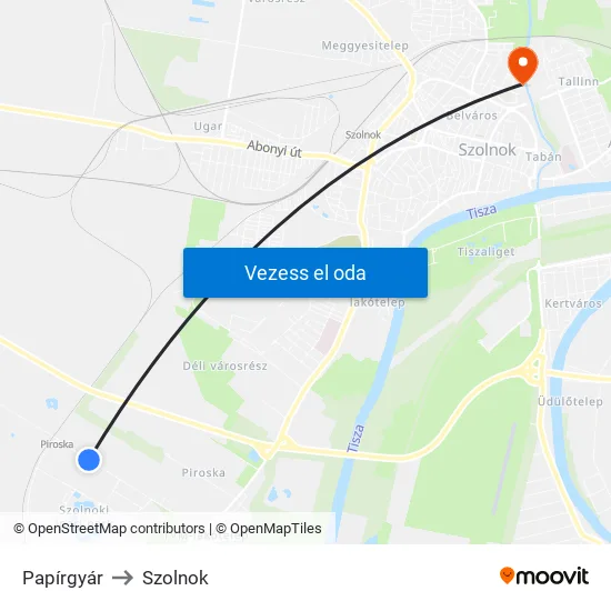 Papírgyár to Szolnok map