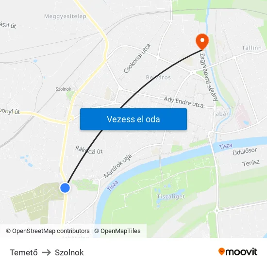 Temető to Szolnok map