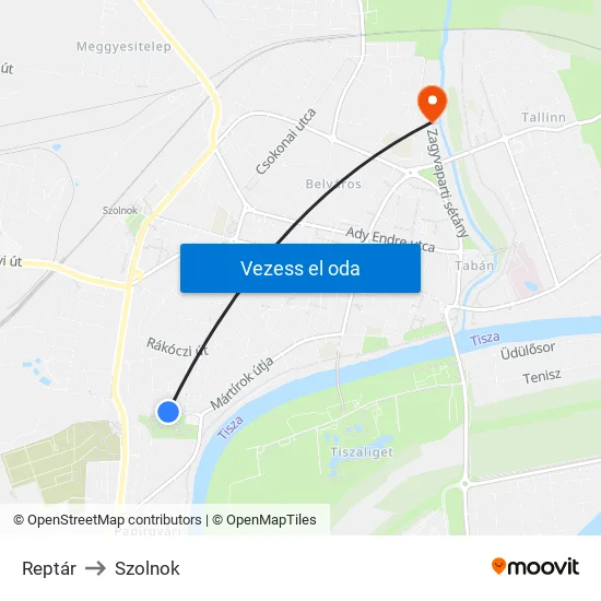 Reptár to Szolnok map