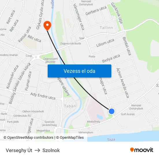Verseghy Út to Szolnok map