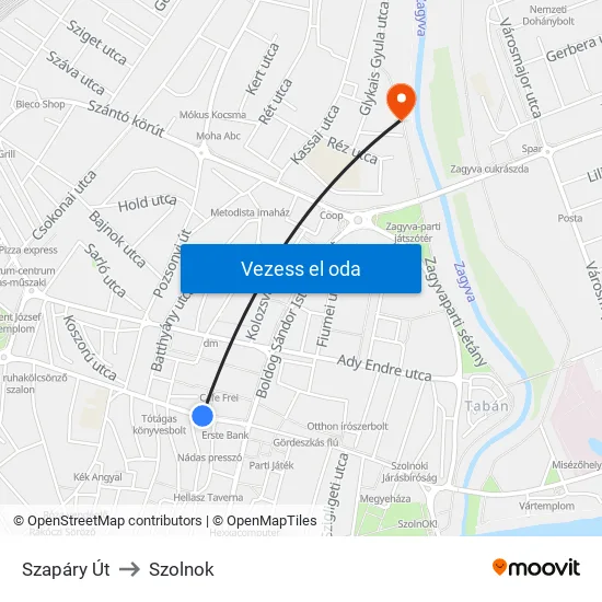 Szapáry Út to Szolnok map