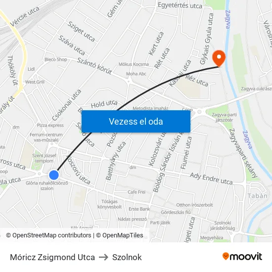 Móricz Zsigmond Utca to Szolnok map