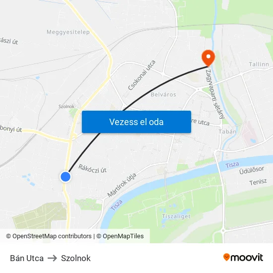 Bán Utca to Szolnok map