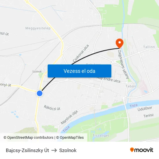 Bajcsy-Zsilinszky Út to Szolnok map