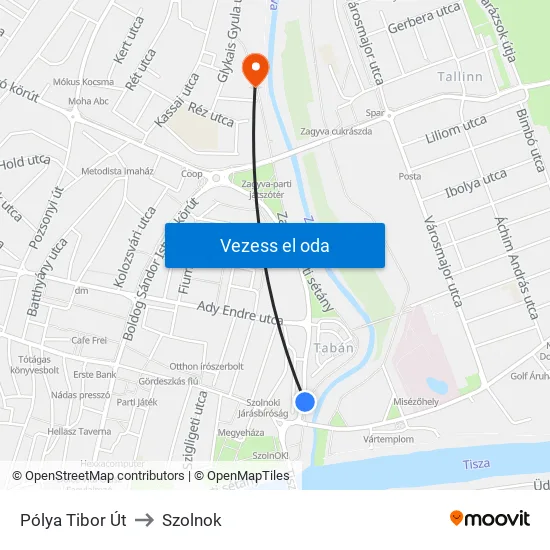 Pólya Tibor Út to Szolnok map