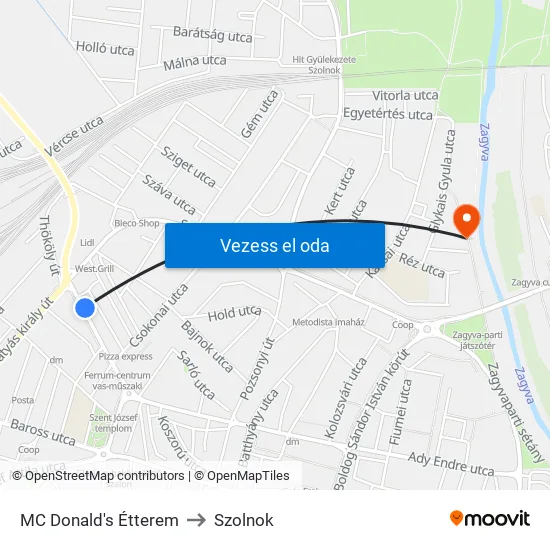 MC Donald's Étterem to Szolnok map