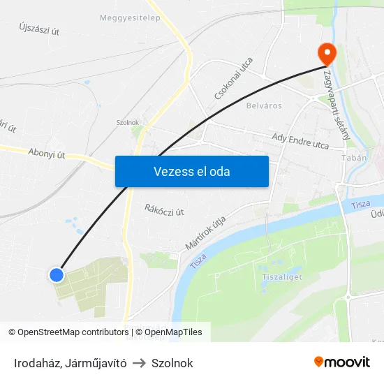 Irodaház, Járműjavító to Szolnok map
