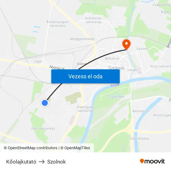 Kőolajkutató to Szolnok map