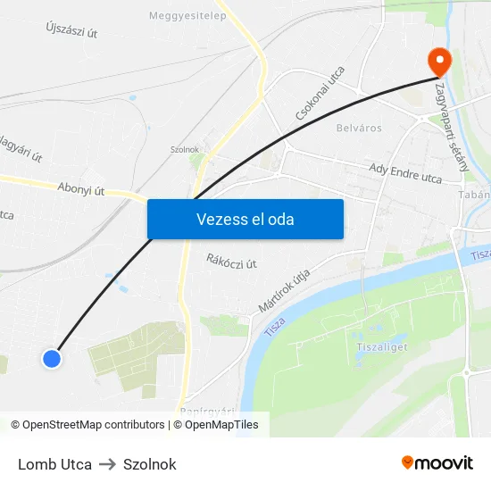 Lomb Utca to Szolnok map
