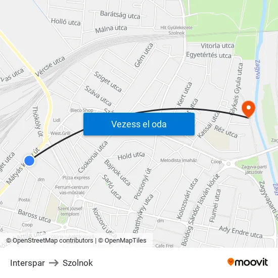 Interspar to Szolnok map