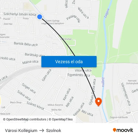 Városi Kollégium to Szolnok map