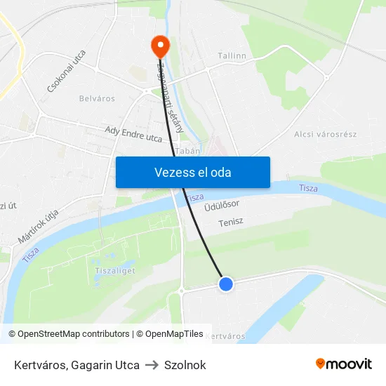 Kertváros, Gagarin Utca to Szolnok map