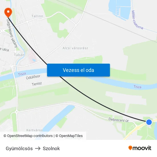 Gyümölcsös to Szolnok map