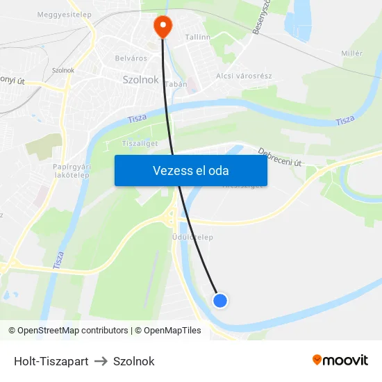 Holt-Tiszapart to Szolnok map