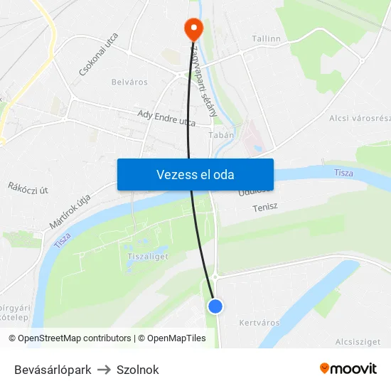 Bevásárlópark to Szolnok map