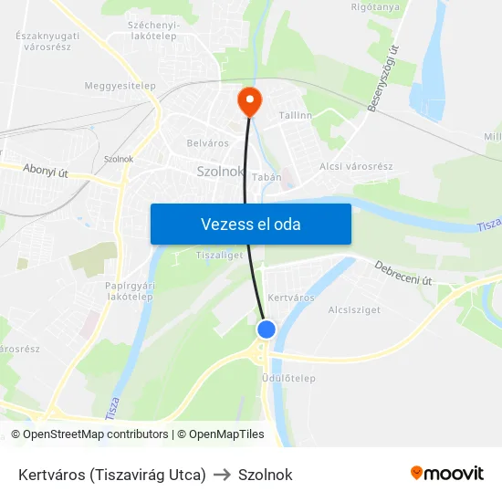 Kertváros (Tiszavirág Utca) to Szolnok map