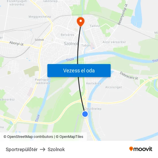 Sportrepülőtér to Szolnok map