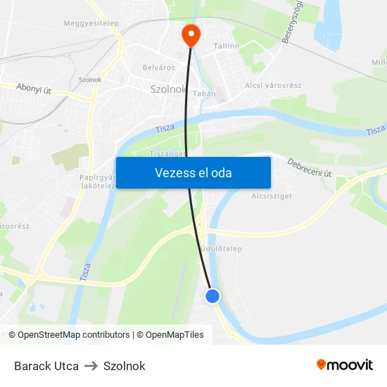 Barack Utca to Szolnok map